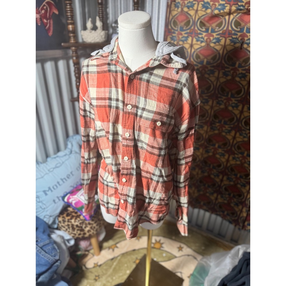 American Eagle Super Soft Flannel Shirt with Hood Mens Small Plaid